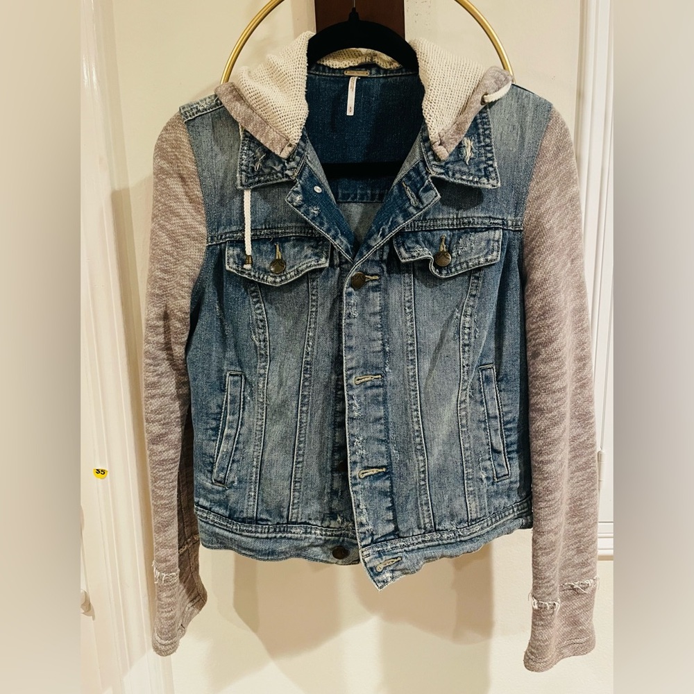 Free People Blue Denim Jacket with Gray Knit Hood & Sleeves